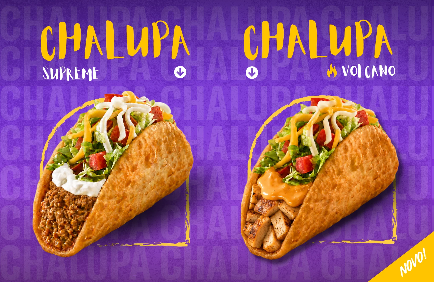 Mobilni Taco Bell baner za Chalupa Supreme i Chalupa Volcano tacose, oznaka "Novo!"